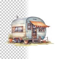 Wohnwagen Clipart Bundle, 8x PNG Bilder Transparenter Hintergrund, Aquarell gemalte Camper, Freigestellte Grafik Bild 9