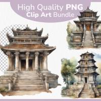 Alter Tempel Bundle - 12x PNG Bilder Transparenter Hintergrund - Aquarell gemalte Tempel - Freigestellte Grafik Bild 1