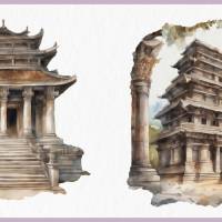Alter Tempel Bundle - 12x PNG Bilder Transparenter Hintergrund - Aquarell gemalte Tempel - Freigestellte Grafik Bild 10