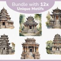 Alter Tempel Bundle - 12x PNG Bilder Transparenter Hintergrund - Aquarell gemalte Tempel - Freigestellte Grafik Bild 2