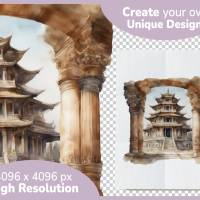 Alter Tempel Bundle - 12x PNG Bilder Transparenter Hintergrund - Aquarell gemalte Tempel - Freigestellte Grafik Bild 4