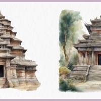 Alter Tempel Bundle - 12x PNG Bilder Transparenter Hintergrund - Aquarell gemalte Tempel - Freigestellte Grafik Bild 5