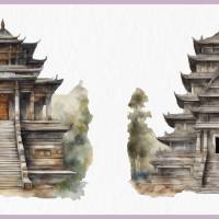 Alter Tempel Bundle - 12x PNG Bilder Transparenter Hintergrund - Aquarell gemalte Tempel - Freigestellte Grafik Bild 6