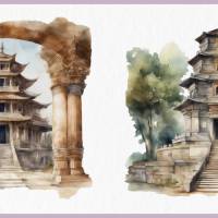 Alter Tempel Bundle - 12x PNG Bilder Transparenter Hintergrund - Aquarell gemalte Tempel - Freigestellte Grafik Bild 8