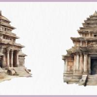 Alter Tempel Bundle - 12x PNG Bilder Transparenter Hintergrund - Aquarell gemalte Tempel - Freigestellte Grafik Bild 9
