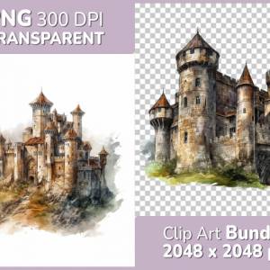 Mittelalter Burg Clipart Bundle, 8x PNG Bilder Transparenter Hintergrund, Aquarell gemalte Burgen & Schlösser Bild 1