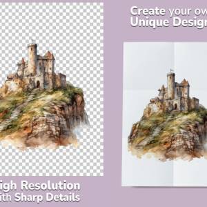 Mittelalter Burg Clipart Bundle, 8x PNG Bilder Transparenter Hintergrund, Aquarell gemalte Burgen & Schlösser Bild 2