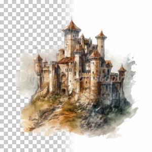 Mittelalter Burg Clipart Bundle, 8x PNG Bilder Transparenter Hintergrund, Aquarell gemalte Burgen & Schlösser Bild 3