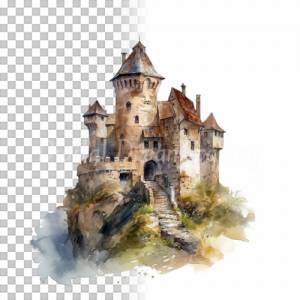 Mittelalter Burg Clipart Bundle, 8x PNG Bilder Transparenter Hintergrund, Aquarell gemalte Burgen & Schlösser Bild 4
