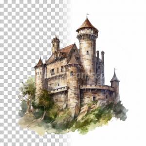 Mittelalter Burg Clipart Bundle, 8x PNG Bilder Transparenter Hintergrund, Aquarell gemalte Burgen & Schlösser Bild 5