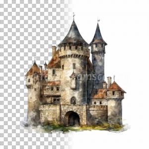 Mittelalter Burg Clipart Bundle, 8x PNG Bilder Transparenter Hintergrund, Aquarell gemalte Burgen & Schlösser Bild 6