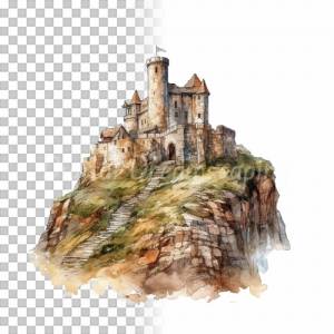 Mittelalter Burg Clipart Bundle, 8x PNG Bilder Transparenter Hintergrund, Aquarell gemalte Burgen & Schlösser Bild 8