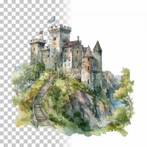 Mittelalter Burg Clipart Bundle, 8x PNG Bilder Transparenter Hintergrund, Aquarell gemalte Burgen & Schlösser Bild 9
