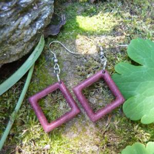 Geometrische Hängeohrringe in Form eines Quadrats aus Purpleheart / Amaranth Holz, mit Edelstahl Haken, silber oder gold Bild 1