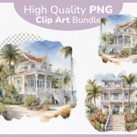 Strand Villa Bundle - 12x PNG Bilder Transparenter Hintergrund - Aquarell gemalte Strandhäuser - Freigestellte Grafik Bild 1