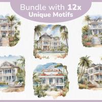 Strand Villa Bundle - 12x PNG Bilder Transparenter Hintergrund - Aquarell gemalte Strandhäuser - Freigestellte Grafik Bild 2