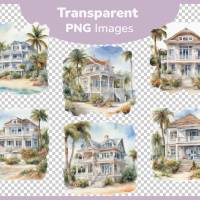 Strand Villa Bundle - 12x PNG Bilder Transparenter Hintergrund - Aquarell gemalte Strandhäuser - Freigestellte Grafik Bild 3