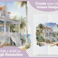Strand Villa Bundle - 12x PNG Bilder Transparenter Hintergrund - Aquarell gemalte Strandhäuser - Freigestellte Grafik Bild 4