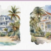 Strand Villa Bundle - 12x PNG Bilder Transparenter Hintergrund - Aquarell gemalte Strandhäuser - Freigestellte Grafik Bild 8