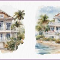 Strand Villa Bundle - 12x PNG Bilder Transparenter Hintergrund - Aquarell gemalte Strandhäuser - Freigestellte Grafik Bild 9