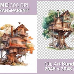 Baumhaus Clipart Bundle - 8x PNG Bilder Transparenter Hintergrund - Aquarell gemalte Baumhäuser - Freigestellte Grafik Bild 1