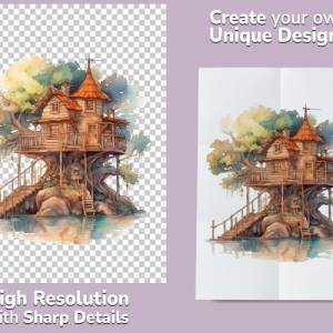 Baumhaus Clipart Bundle - 8x PNG Bilder Transparenter Hintergrund - Aquarell gemalte Baumhäuser - Freigestellte Grafik Bild 2