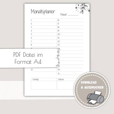 Monatsplan, Monatsplaner zum Ausdrucken - Pdf Download Monatsplan zum Ausdrucken - Printables Druckvorlage - immerwähren