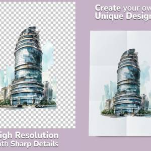 Wolkenkratzer Clipart Bundle, 8x PNG Bilder Transparenter Hintergrund, Aquarell gemalte Hochhäuser, Freigestellte Grafik Bild 2