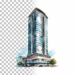 Wolkenkratzer Clipart Bundle, 8x PNG Bilder Transparenter Hintergrund, Aquarell gemalte Hochhäuser, Freigestellte Grafik Bild 3