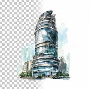 Wolkenkratzer Clipart Bundle, 8x PNG Bilder Transparenter Hintergrund, Aquarell gemalte Hochhäuser, Freigestellte Grafik Bild 4