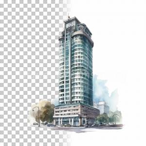 Wolkenkratzer Clipart Bundle, 8x PNG Bilder Transparenter Hintergrund, Aquarell gemalte Hochhäuser, Freigestellte Grafik Bild 5