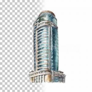 Wolkenkratzer Clipart Bundle, 8x PNG Bilder Transparenter Hintergrund, Aquarell gemalte Hochhäuser, Freigestellte Grafik Bild 6
