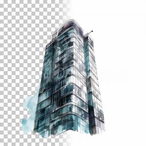 Wolkenkratzer Clipart Bundle, 8x PNG Bilder Transparenter Hintergrund, Aquarell gemalte Hochhäuser, Freigestellte Grafik Bild 7