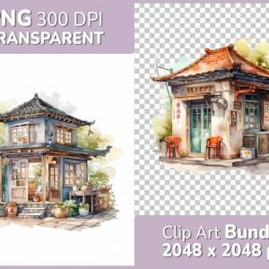 Asiatisches Teehaus Clipart Bundle, 8x PNG Bilder Transparenter Hintergrund, Aquarell gemalte Teehäuschen Bild 1