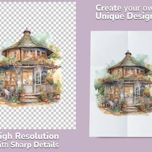 Asiatisches Teehaus Clipart Bundle, 8x PNG Bilder Transparenter Hintergrund, Aquarell gemalte Teehäuschen Bild 2