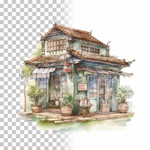 Asiatisches Teehaus Clipart Bundle, 8x PNG Bilder Transparenter Hintergrund, Aquarell gemalte Teehäuschen Bild 3