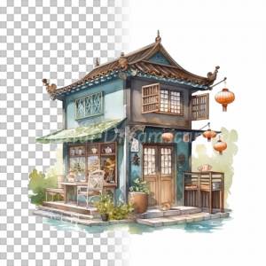 Asiatisches Teehaus Clipart Bundle, 8x PNG Bilder Transparenter Hintergrund, Aquarell gemalte Teehäuschen Bild 4