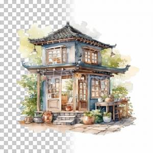 Asiatisches Teehaus Clipart Bundle, 8x PNG Bilder Transparenter Hintergrund, Aquarell gemalte Teehäuschen Bild 5