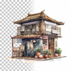 Asiatisches Teehaus Clipart Bundle, 8x PNG Bilder Transparenter Hintergrund, Aquarell gemalte Teehäuschen Bild 6