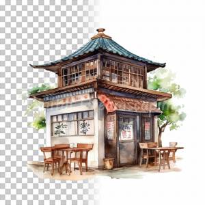 Asiatisches Teehaus Clipart Bundle, 8x PNG Bilder Transparenter Hintergrund, Aquarell gemalte Teehäuschen Bild 8