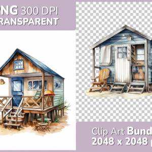 Strandhütte Clipart Bundle, 8x PNG Bilder Transparenter Hintergrund, Aquarell gemalte Strandhäuser, Freigestellte Grafik Bild 1