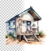 Strandhütte Clipart Bundle, 8x PNG Bilder Transparenter Hintergrund, Aquarell gemalte Strandhäuser, Freigestellte Grafik Bild 10