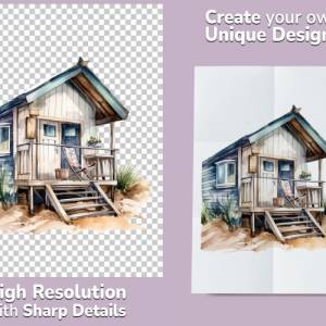Strandhütte Clipart Bundle, 8x PNG Bilder Transparenter Hintergrund, Aquarell gemalte Strandhäuser, Freigestellte Grafik Bild 2