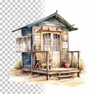 Strandhütte Clipart Bundle, 8x PNG Bilder Transparenter Hintergrund, Aquarell gemalte Strandhäuser, Freigestellte Grafik Bild 7
