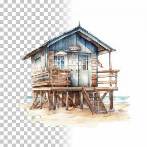 Strandhütte Clipart Bundle, 8x PNG Bilder Transparenter Hintergrund, Aquarell gemalte Strandhäuser, Freigestellte Grafik Bild 8
