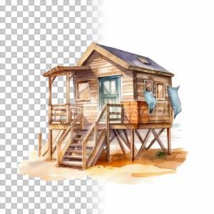 Strandhütte Clipart Bundle, 8x PNG Bilder Transparenter Hintergrund, Aquarell gemalte Strandhäuser, Freigestellte Grafik Bild 9