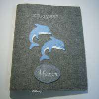 Zeugnismappe-Einschulung-Geschenk-Zeugnishülle aus Filz, Ringbuch-20 Klarsichthüllen-Delfine, 3D Bild 1