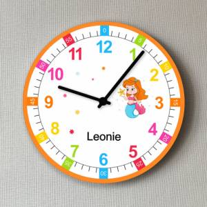 Uhr Kinderzimmer Meerjungfrau Wanduhr Deko personalisiertes Geschenk mit Name Lernuhr Bild 1