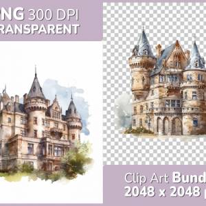 Mittelalter Schloss Clipart Bundle - 8x PNG Bilder Transparenter Hintergrund - Aquarell gemalte Schlösser & Burgen Bild 1