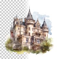 Mittelalter Schloss Clipart Bundle - 8x PNG Bilder Transparenter Hintergrund - Aquarell gemalte Schlösser & Burgen Bild 10